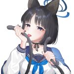  1girl absurdres aesice animal_ears black_choker black_eyes black_hair black_nails blue_archive blue_halo blue_haori blue_neckerchief blue_sailor_collar blush bob_cut breasts cat_ears cat_girl cat_tail choker commentary_request grabbing_own_tail halo haori highres holding_own_tail japanese_clothes kikyou_(blue_archive) licking_own_tail long_sleeves looking_at_viewer medium_breasts multiple_tails nail_polish neckerchief ribbon_choker sailor_collar school_uniform serafuku shirt short_hair simple_background tail tongue tongue_out two_tails upper_body white_background white_shirt 