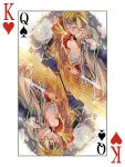  1boy 1girl absurdres blonde_hair card closed_eyes commentary_request couple dagger dimitri_alexandre_blaiddyd dimitri_alexandre_blaiddyd_(stargazing_lion) edelgard_von_hresvelg edelgard_von_hresvelg_(adorned_eagle) fire_emblem fire_emblem:_three_houses fire_emblem_heroes hetero highres holding holding_dagger holding_knife holding_weapon king_(playing_card) king_of_hearts_(playing_card) kiss knife long_hair official_alternate_costume playing_card queen_(playing_card) queen_of_spades_(playing_card) short_hair soma_otakuu weapon white_hair 