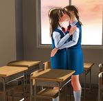  2girls brown_hair classroom desk evening hand_on_thigh ishikura_syouji jpeg_artifacts kiss kissing multiple_girls school_uniform 
