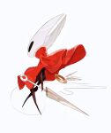  1girl artist_name ben-day_dots black_eyes chakram chinese_commentary cloak commentary_request film_grain from_side full_body highres hightguy holding holding_weapon hollow_knight hollow_knight:_silksong hornet_(hollow_knight) horns needle_(hollow_knight) red_cloak screentones solo thread weapon white_background 