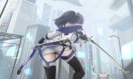  ass building choker city gloves honkai_impact kikivi long_hair panties ponytail raiden_mei skirt sword thighhighs underwear weapon 