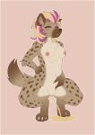 anthro bladder blush bodily_fluids border breasts brown_border female full_bladder genital_fluids genitals hi_res hyena mammal mushijun9 nude organs peeing relieved small_breasts solo spotte_(anubix) urine vulva watersports wetting
