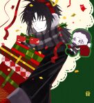  2boys :d absurdres alternate_costume alternate_universe antenna_hair bag bell belt black_belt black_boots black_gloves black_hair black_sclera black_sweater boots chinese_commentary christmas christmas_present closed_eyes closed_mouth colored_sclera colored_skin commentary_request confetti earmuffs facing_viewer film_grain frisk_(undertale) fur-trimmed_headwear fur_trim gift gloves green_background green_outline grey_scarf grid_teeth grin hair_between_eyes hanbaobaobaozhu hat highres holding holding_bag holding_gift jingle_bell knee_boots long_hair long_sleeves looking_at_viewer low_ponytail male_focus multiple_boys outline pants pom_pom_(clothes) ponytail puffy_long_sleeves puffy_sleeves purple_hat purple_pants red_bag sans_(undertale) santa_costume santa_hat scar scar_across_eye scar_on_face scarf sidelocks simple_background skeleton smile solo_focus striped_clothes striped_scarf sweater u_u undertale upper_body utdr_(toby_fox) vertical-striped_clothes vertical-striped_scarf white_eyes white_skin xtale 