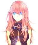  bad_id bad_pixiv_id bangs bare_shoulders blue_eyes breasts closed_mouth hair_between_eyes kurosawa_kazuto large_breasts light_particles long_hair looking_at_viewer megurine_luka no_armwear pink_hair sad simple_background sleeveless smile snowflakes solo upper_body vocaloid white_background 