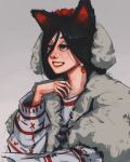  1girl absurdres animal_ears art_fight_attack black_hair cat_ears cat_tail coat commentary double-parted_bangs english_commentary fur_coat gift_art grey_background grey_coat grey_eyes grey_sweater hand_up highres long_sleeves looking_ahead nose original short_hair simple_background smile solo striped_clothes striped_sweater sweater tail titanartx upper_body 
