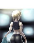  amane_suzuha ass back bike_shorts blonde_hair braid crop_top from_behind jacket midriff muscle onsoku_maru profile short_hair_with_long_locks side_braid solo steins;gate twin_braids yellow_eyes 