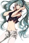  alternate_costume aqua_eyes aqua_hair bad_id bad_pixiv_id crop_top hatsune_miku headphones long_hair midriff navel simple_background smile solo torn_clothes twintails unbuttoned unzipped very_long_hair vocaloid yuki_(fuguneko) 