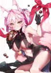  1girl animal_ear_fluff animal_ears armpits bangs bare_legs bare_shoulders black_gloves blush box_of_chocolates breasts china_dress chinese_clothes chocolate commentary_request double_bun dress eyebrows_visible_through_hair fate/grand_order fate_(series) fox_ears fox_girl fox_shadow_puppet fox_tail glasses gloves hair_between_eyes hair_ribbon happy_valentine highres kanola_u koyanskaya looking_at_viewer medium_breasts navel pink_hair pink_ribbon puckered_lips ribbon short_hair sidelocks sitting solo tail tassel twintails underboob underboob_cutout valentine white-framed_eyewear yellow_eyes 