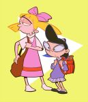  2girls bag blonde_hair bow child commentary dress glasses helga_g_pataki hey_arnold! kinako_(moment) looking_at_viewer multiple_girls open_mouth phoebe_heyerdahl shirt simple_background skirt toon_(style) unibrow 