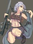  abs ak-74 anti-materiel_rifle assault_rifle bike_shorts blue_eyes boots braid breasts bullpup daito gun halterneck handgun izayoi_sakuya knife large_breasts maid_headdress midriff muscle pistol rifle serdyukov_sps short_hair silver_hair sniper_rifle solo suppressor toned touhou twin_braids underboob vychlop_vks/vssk weapon 