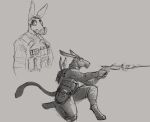ambiguous_anthro ambiguous_gender anthro asinus chuy_(jezzlen) clothed clothing donkey equid equine gas_mask gun handgun hi_res holding_gun holding_handgun holding_object holding_ranged_weapon holding_revolver holding_weapon jezzlen kneeling male_(lore) mammal mask monochrome obscured_eyes ranged_weapon revolver sketch solo tail tail_tuft tuft weapon wearing_mask