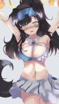  1girl animal_ears armpits arms_up black_hair blue_archive blue_eyes blush breasts cheerleader cir.e_(shie) cleavage commentary_request dog_ears dog_girl dog_tail goggles goggles_on_head grey_background halo hibiki_(blue_archive) hibiki_(cheer_squad)_(blue_archive) highres holding holding_pom_poms long_hair looking_at_viewer medium_breasts millennium_cheerleader_outfit_(blue_archive) navel official_alternate_costume open_mouth pom_pom_(cheerleading) simple_background skirt solo star_(symbol) star_sticker sticker sticker_on_face tail yellow_halo 