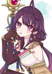  1girl absurdres ahoge atelier_(series) atelier_sophie_2 breasts brown_gloves cape commentary elbow_gloves gloves highres holding holding_staff konnochikachiro large_breasts leotard long_hair looking_at_viewer low_twintails purple_eyes purple_hair ramizel_erlenmeyer simple_background staff twintails very_long_hair white_background 
