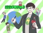  5boys animification antenna_hair black_jacket bottle brown_eyes brown_hair cola commentary copyright_logo copyright_name creator_and_creation drawstring earth_(planet) edd_(eddsworld) edd_gould_(person) eddsworld flipped_hair glasses green_hoodie green_jacket grey_shirt grin hair_behind_ear hair_ears holding holding_bottle holding_mirror holding_stylus hollow_eyes hood hood_down hoodie jacket keep_(dmswls6145) logo long_sleeves looking_at_another male_focus matt_(eddsworld) mini_person miniboy mirror multiple_boys on_shoulder open_clothes open_jacket open_mouth orange_hair pants planet print_shirt purple_hoodie real_life red_hoodie shirt short_hair simple_background smile solo_focus spiked_hair striped_background stylus swept_bangs tom_(eddsworld) tord_(eddsworld) upper_body waving 