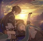  1boy 1girl absurdres alternate_form armor arms_up black_eyes black_gloves black_hair black_jacket black_pants black_shirt black_skirt blush branch breasts building chinese_clothes closed_eyes closed_mouth cloud cloudy_sky coat commentary_request dan_heng_(honkai:_star_rail) dan_heng_(permansor_terrae)_(honkai:_star_rail) dragon_boy dragon_horns dragon_tail from_side gauntlets gloves gold_armor grey_hair hair_between_eyes hair_ornament hair_tubes happy hetero highres honkai:_star_rail honkai_(series) horns in-universe_location jacket leaf long_hair long_sleeves looking_at_another looking_down low_ponytail lying medium_breasts miniskirt ocean official_alternate_costume official_alternate_hairstyle on_back open_clothes open_jacket open_mouth outdoors outstretched_arms pants pointy_ears ponytail scar scar_on_face shirt single_gauntlet single_hair_tube skirt sky smile spread_arms stelle_(honkai:_star_rail) sun sunlight sunset t-shirt tail teeth tongue trailblazer_(honkai:_star_rail) tree white_coat white_shirt yellow_pupils yellow_sky zassyoku_dd 