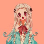  1girl apron aqua_hair back_bow bare_shoulders bow collared_apron commentary cosplay detached_sleeves dress english_commentary frilled_apron frills gradient_hair green_dress highres jewelry jibaku_shounen_hanako-kun long_hair looking_at_viewer maid_apron momone_momo momone_momo_(cosplay) multicolored_hair open_mouth orange_background red_bow red_eyes simple_background smile solo straight-on treebarkagain triangle_mouth utau watermark white_apron white_bow white_hair yashiro_nene 