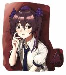  1girl black_necktie black_wings brown_eyes brown_hair commentary frilled_shirt_collar frills hat highres himekaidou_hatate looking_at_viewer mo_mo_kaze necktie parted_lips puffy_sleeves purple_hat shirt solo tengu tokin_hat touhou twintails upper_body white_shirt wings 