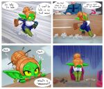 2026 4_panel_comic big_breasts big_ears bouncing_breasts breasts clothing comic dialogue ear_piercing ear_ring english_text female footwear goblin green_body green_skin hair hair_bun head_in_hands hi_res human humanoid humanoid_pointy_ears mammal mario-grant ms._nasbh'ke_(mario-grant) not_furry piercing pointy_ears purse question_mark red_eyes ring_piercing running shoes shortstack shortstack_female sneakers text yellow_sclera