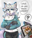  1girl :o ? absurdres animal_ear_fluff animal_ears black_pants breasts catfishing commentary crop_top english_commentary furry furry_female green_sweater grey_hair highres long_hair navel_piercing original pants piercing praquina single_bare_shoulder solo_focus speech_bubble spoken_question_mark sweater tail wolf_ears wolf_girl wolf_tail 