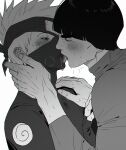  2boys black_hair blunt_bangs blunt_ends blush bowl_cut cheekbones closed_eyes commentary_request fingerless_gloves gloves grey_hair greyscale half-closed_eyes hand_on_another's_chest hand_on_another's_neck hand_on_another's_shoulder hatake_kakashi headband heavy_breathing highres kiss kissing_through_mask korean_commentary looking_at_another m0_mo_momo male_focus mask might_guy monochrome mouth_mask multiple_boys naruto_(series) short_hair spiked_hair sweat thick_eyebrows tongue tongue_out upper_body white_background yaoi 