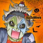  1boy animal_on_head asta_(black_clover) bird bird_on_head black_clover black_headband commentary_request facepaint grey_hair halloween halloween_costume headband looking_at_viewer nero_(black_clover) object_through_head off_shoulder official_alternate_costume on_head open_mouth orange_background screw_in_head short_hair silk solo sparkling_eyes spider_web stitched_face stitches tabata_yuuki teeth upper_teeth_only 