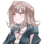  1girl breasts brown_hair collared_shirt commentary_request danganronpa_(series) danganronpa_2:_goodbye_despair flipped_hair hand_up highres jacket korean_commentary large_breasts long_sleeves medium_hair milog531 nanami_chiaki neck_ribbon no_hair_ornament open_clothes open_jacket pink_eyes pink_ribbon ribbon shirt simple_background solo upper_body white_shirt 