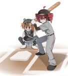  2girls adachi_rei ahoge baguette baseball_helmet baseball_mitt baseball_uniform batting_stance black_shoes bread catcher's_mask catcher_(baseball) determined drill_hair food fork gloves grey_pants grey_shirt hair_between_eyes hashtag-only_commentary helmet highres holding holding_bread holding_fork kasane_teto layered_shirt long_sleeves medium_hair multiple_girls omuretsuteria one_side_up orange_eyes orange_hair pants pink_hair red_eyes shaded_face shin_guards shirt shoes smirk sportswear squatting standing twin_drills utau v-shaped_eyebrows white_gloves white_pants white_shirt white_shoes 