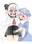  2girls alternate_costume black_hairband black_sailor_collar black_skirt blue_hat blue_kimono blush commentary_request frilled_kimono frills green_eyes grey_hair hairband hat highres hitachi_magic_wand hitodama holding holding_sex_toy japanese_clothes kimono konpaku_youmu konpaku_youmu_(ghost) long_sleeves mob_cap multiple_girls neckerchief open_mouth pink_eyes pink_hair pleated_skirt pussy_juice red_neckerchief saigyouji_yuyuko sailor_collar sailor_shirt school_uniform sex_toy shirt shishiky skirt sweat touhou trembling triangular_headpiece vibrator white_shirt wide_sleeves yuri 