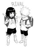  2boys absurdres aged_down backpack bag bandaid bandaid_on_knee bandaid_on_leg black_hair black_shoes blunt_bangs child clenched_hand commentary_request crocs flute full_body greyscale grin hair_over_one_eye hatake_kakashi highres instrument korean_commentary leg_ribbon leg_warmers light_blush looking_at_another m0_mo_momo male_focus mask might_guy monochrome mouth_mask multiple_boys naruto_(series) neckerchief parted_lips ribbon rivalry sailor_collar school_uniform shirt shoes short_hair sigh smile sparkle spiked_hair surgical_mask teeth thick_eyebrows white_hair white_shirt 