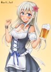  1girl alcohol anti_(untea9) barmaid beer beer_mug black_dress blonde_hair blue_eyes blush breasts cleavage commentary_request cup detached_sleeves dirndl dress drunk flower german_clothes hair_flower hair_ornament highres holding holding_cup kantai_collection long_hair looking_at_viewer medium_breasts mug one-piece_tan ro-500_(kancolle) smile solo tan tanlines u-511_(kancolle) yellow_background 