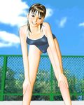  bending bent_over breasts brown_hair female fence flat_chest hands_on_knees ishikura_syouji lowres nature one-piece_swimsuit outdoors sky small_breasts solo swimsuit 