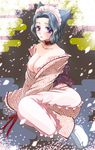  asa_no_ha_(pattern) bare_shoulders blush breasts egasumi gojou_kurota grey_hair hairband japanese_clothes medium_breasts nipples no_bra open_clothes open_mouth otome_youkai_zakuro purple_eyes short_hair socks solo susukihotaru white_legwear 