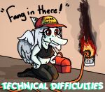 2025 amber_eyes anthro baseball_cap bodily_fluids bone_frill cavemanon_studios clothing dialogue digital_drawing_(artwork) digital_media_(artwork) english_text fang_(gvh) faustanon feathered_wings feathers female fire frill_(anatomy) goodbye_volcano_high grey_body grey_hair grey_scales hair halter_top hat headgear headwear jewelry kneeling ko_op_(game_developer) long_hair looking_at_viewer midriff necklace plug prehistoric_species pterodactylus pterosaur reptile scales scalie smile sneed's_feed_and_seed snoot_game snout solo talking_to_viewer tears technical_difficulties text toolbox wall_socket wings