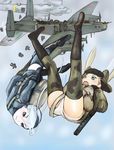  :o aircraft airplane bad_id bad_pixiv_id boots camouflage coh copyright_request falling green_legwear military multiple_girls panties parachute print_legwear sky skydive tb-3 thighhighs underwear 