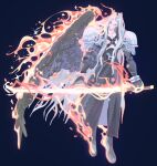 1boy bangle black_boots black_coat black_gloves black_wings blue_background boots bracelet chest_strap coat feathered_wings final_fantasy final_fantasy_vii fire flaming_sword flaming_weapon gloves grey_hair highres holding holding_sword holding_weapon jaysoysaucee jewelry long_bangs long_coat long_hair male_focus masamune_(ff7) parted_bangs sephiroth single_wing solo sword weapon wings 