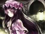  childofa hat lamp patchouli_knowledge purple_eyes purple_hair smile solo touhou 