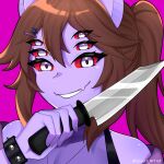  animal_ears arthropod_girl bat_ears bracelet brown_hair colored_skin dante_will dante_will_(spider) extra_eyes hair_ornament hairclip highres holding holding_knife jewelry knife monster_girl neobaka portuguese_commentary purple_skin smile spider_girl spider_hair_ornament spiked_bracelet spikes yuryzin_artist 