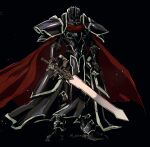  1boy alondite armor black_armor black_background black_knight_(fire_emblem) cape fire_emblem fire_emblem:_path_of_radiance full_armor full_body helmet highres holding holding_sword holding_weapon pauldrons red_cape shoulder_armor simple_background solo standing sword twitter_username umi_(oneinchswing) weapon 
