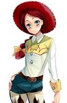  bad_id bad_pixiv_id blue_eyes braid contrapposto cowboy_hat cowboy_shot hand_on_hip hat highres jessie_the_yodeling_cowgirl kurabayashi long_hair red_hair smile solo standing toy_story western white_background 