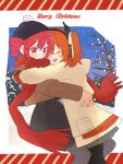  2girls a.i._voice adachi_rei beanie black_hat black_skirt brown_jacket closed_eyes commentary_request cowboy_shot drill_hair from_side hat highres hug jacket kasane_teto komori_kamome long_sleeves merry_christmas miniskirt multiple_girls one_side_up open_mouth orange_hair pantyhose pom_pom_(clothes) pom_pom_beanie red_eyes red_hair red_scarf scarf skirt smile twin_drills utau white_jacket winter_clothes 