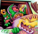 alligator alligatorid anthro bodily_fluids brown_clothing brown_hat brown_headwear candy chad_(tadc) clothing crocodilian crying_laughing dessert duo feet food food_creature glitch_productions green_body gummigoo_(tadc) gummy_(food) gummy_creature hat hat_only headgear headgear_only headwear headwear_only hi_res laugh licking_back living_candy long_arm male_(lore) martie_(artist) mostly_nude multicolored_body open_mouth open_smile orange_body red_body reptile scalie smile steering_wheel tail_tickle tears the_amazing_digital_circus tickle_fetish tickling tickling_back tickling_feet tongue tongue_out white_body yellow_body