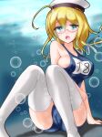  1girl 4lovertwomind air_bubble blonde_hair blush breasts bubble cameltoe commentary_request covered_nipples glasses green_eyes hat highres i-8_(kancolle) kantai_collection large_breasts long_hair looking_at_viewer name_tag one-piece_swimsuit protected_link red-framed_eyewear ribbon school_swimsuit seafloor sideboob solo swimsuit thighhighs twintails underwater white_thighhighs 