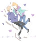  2boys :d ^_^ animification antenna_hair bandaid bandaid_on_cheek bandaid_on_face black_pants black_shoes blue_hoodie blue_pants brown_hair checkered_shoes closed_eyes commentary couple denim drawstring eddsworld green_jacket hair_behind_ear heart highres holding_hands hollow_eyes hood hood_down hoodie jacket jeans keep_(dmswls6145) long_sleeves looking_at_another male_focus matt_(eddsworld) multiple_boys open_mouth orange_hair pants purple_hoodie shoes short_hair simple_background sketch smile sneakers spiked_hair swept_bangs tom_(eddsworld) white_background yaoi 