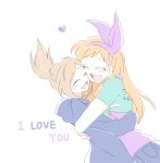  2girls :d ^_^ animification blue_hoodie blue_nails blush brown_hair cheek-to-cheek closed_eyes commentary denim eddsworld english_text eyebrow_piercing face_piercing from_side green_jacket hair_ribbon heads_together heart hood hood_down hoodie hug jacket jeans keep_(dmswls6145) long_hair long_sleeves matilda_(eddsworld) multiple_girls open_mouth pants piercing purple_hoodie purple_nails purple_ribbon ribbon short_hair simple_background sketch smile tamara_(eddsworld) topknot white_background yuri 