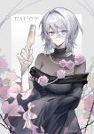  1girl alcohol blue_eyes bochishiraita breasts champagne champagne_bottle champagne_flute character_name cleavage collarbone cup dress drinking_glass evening_gown faust_(project_moon) flower grey_hair highres holding holding_cup jewelry limbus_company medium_hair necklace official_alternate_costume pearl_necklace pink_flower pink_rose project_moon rose see-through_cleavage see-through_clothes see-through_dress smile solo upper_body 