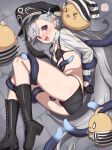  1girl absurdres azur_lane black_bra black_gloves black_hair black_hat black_panties black_shoes blush boots bra breasts commentary_request gloves gradient_hair grey_hair hat highres knee_boots low_ponytail lying manjuu_(azur_lane) milliani minsk_(azur_lane) minsk_(thunderous_jailor)_(azur_lane) multicolored_hair official_alternate_costume on_side open_mouth panties peaked_cap ponytail purple_eyes shoes small_breasts sweat tentacles underwear 