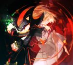  1boy 1girl barefoot blonde_hair blue_hairband clenched_hands furry furry_male gloves gradient_background hairband hashtag-only_commentary higuchi_megumi maria_robotnik red_background red_eyes shadow_the_hedgehog sonic_(series) white_gloves 