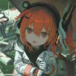  1girl a.i._voice adachi_rei android black_shirt camera_eyes cellphone computer_keyboard copyright_notice crt drawstring film_grain flip_phone flower from_above gloves grass hair_between_eyes hair_ornament hair_ribbon hairclip headphones headset highres holding holding_umbrella hood hooded_jacket jacket long_sleeves looking_at_viewer medium_hair microphone official_art one_side_up open_clothes open_jacket open_mouth orange_eyes orange_hair outdoors overgrown phone ribbon rubble shirt solo tekito_midori television text_in_eyes turtleneck umbrella utau white_flower white_gloves white_jacket white_ribbon 