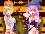  bad_id bad_pixiv_id bandages bikini_top blonde_hair blue_eyes crossed_legs elbow_gloves gloves hat heterochromia highres kagamine_rin long_hair megurine_luka midriff multiple_girls navel pink_hair rate-rt red_eyes short_hair sitting smile tattoo tongue vocaloid witch_hat 