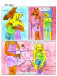anthro blue_eyes blue_nose bottomwear breasts brown_body brown_fur canid canine canis clothed clothing colored_nails comic deer denim denim_bottomwear denim_clothing denim_shorts dialogue domestic_dog dress duo english_text female fingernails floppy_ears fully_clothed fur furniture green_clothing green_shirt green_tank_top green_topwear greeting hi_res holding_object holding_pitcher hug hugging_another humanoid_hands ice ice_cube lisa_hanawalt mammal moose nails new_world_deer on_sofa pink_clothing pink_dress pink_tongue pitcher pouring_water purple_eyes red_fingernails red_nails shirt shorts sitting sitting_on_sofa snout sofa speech_bubble tank_top text tongue tongue_out topwear traditional_media_(artwork) water_glass whiskers yellow_body yellow_fur